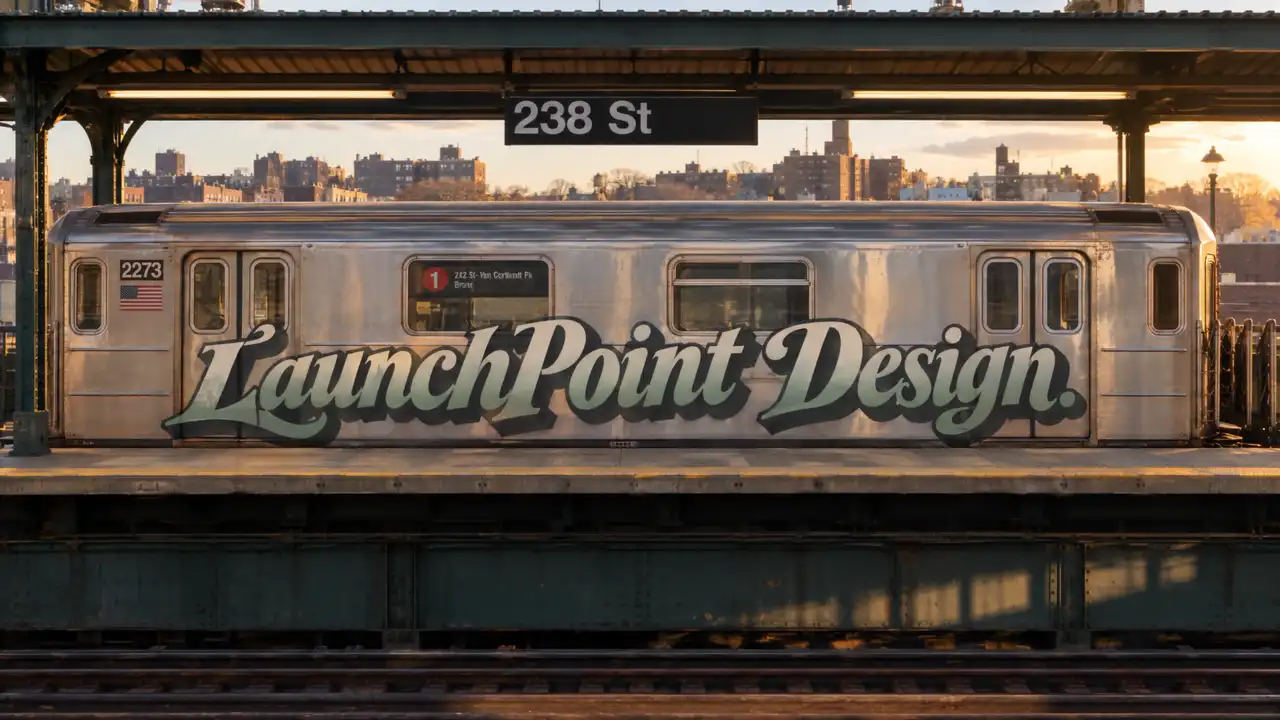 The 1 train stopped at an elevated Bronx station, painted with a LaunchPoint Design graffiti piece