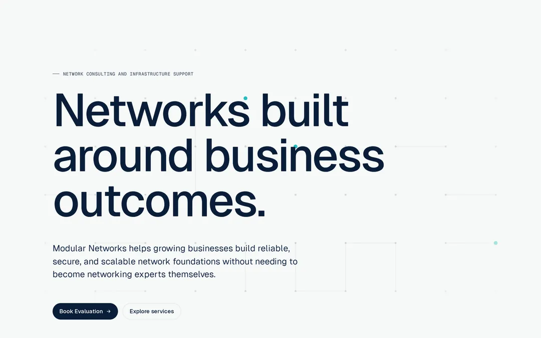 Modular Networks website: the home page, “Networks built around business outcomes.”