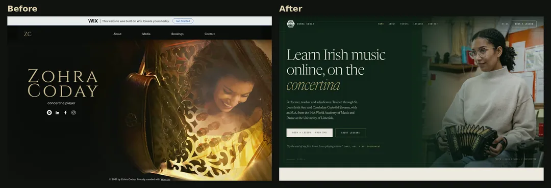 Zohra Coday Music website: the home page on desktop, before and after