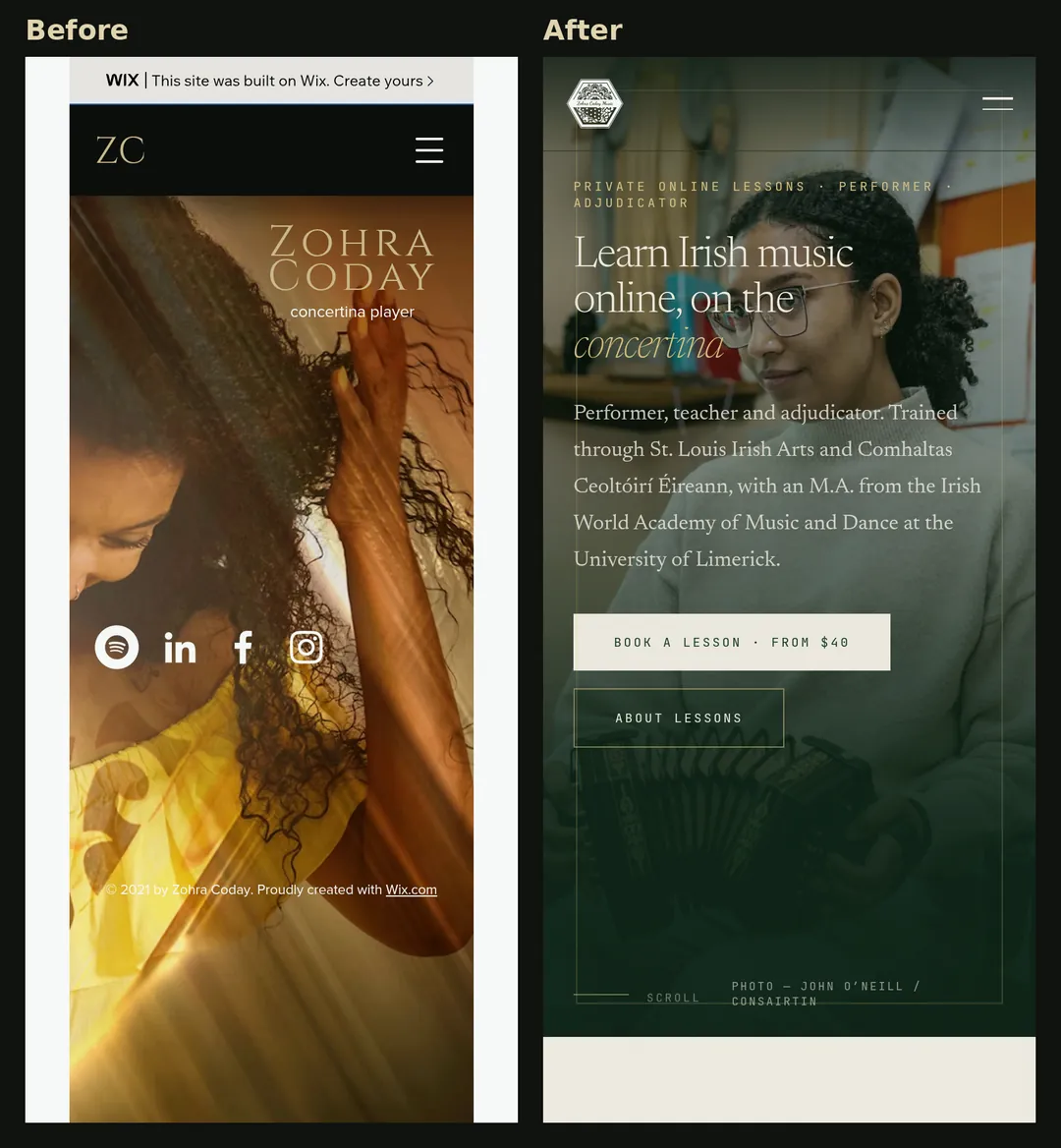 Zohra Coday Music website on a phone: the home page, before and after