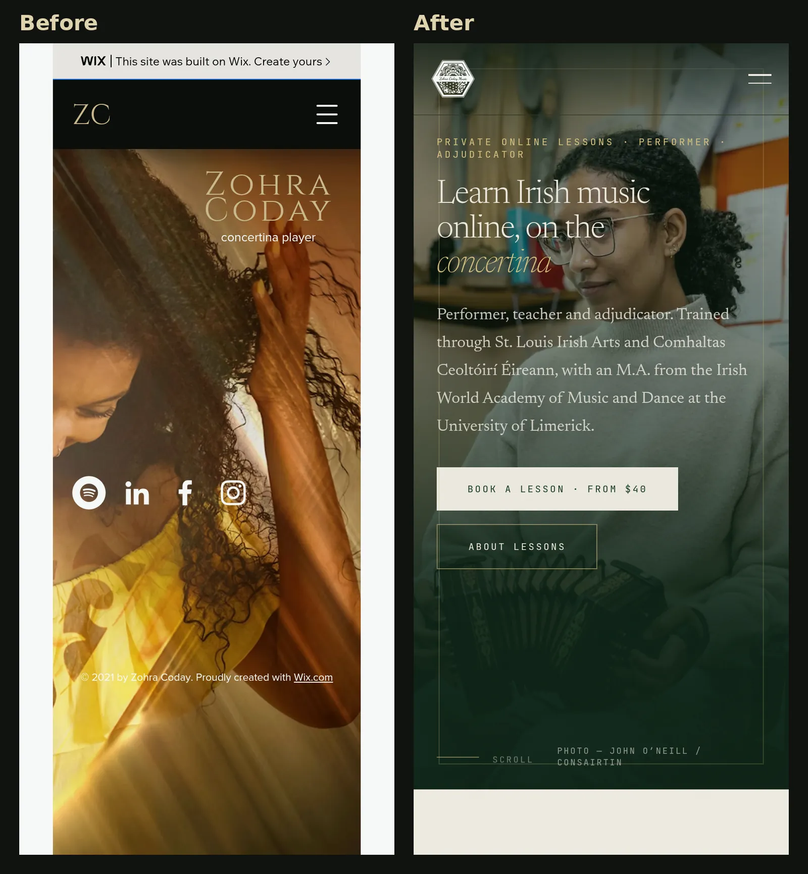 Phone home page comparison showing the outgoing Wix mobile layout beside the new custom mobile design