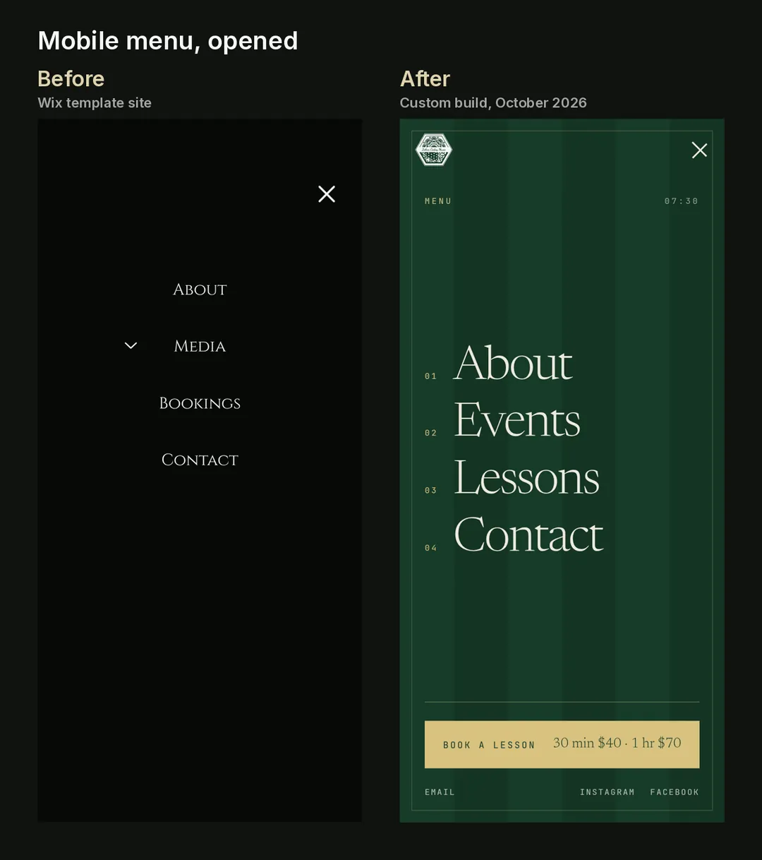 Zohra Coday Music website on a phone: the menu opened, before and after