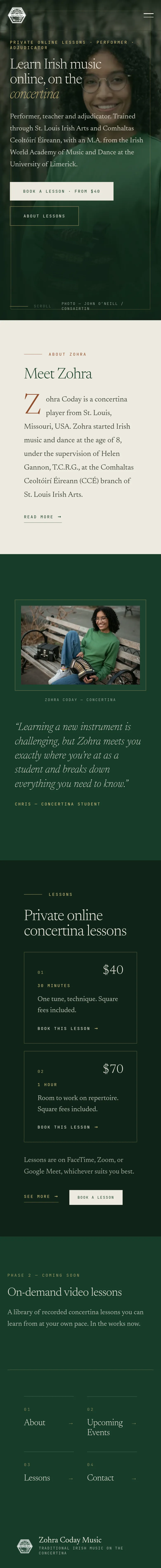 Zohra Coday Music website on a phone: the home page, scrolled from top to bottom