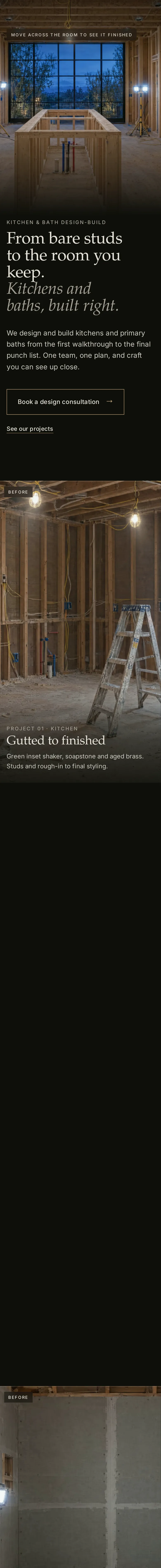Wrenfield Kitchen & Bath demo website on a phone, scrolled from top to bottom